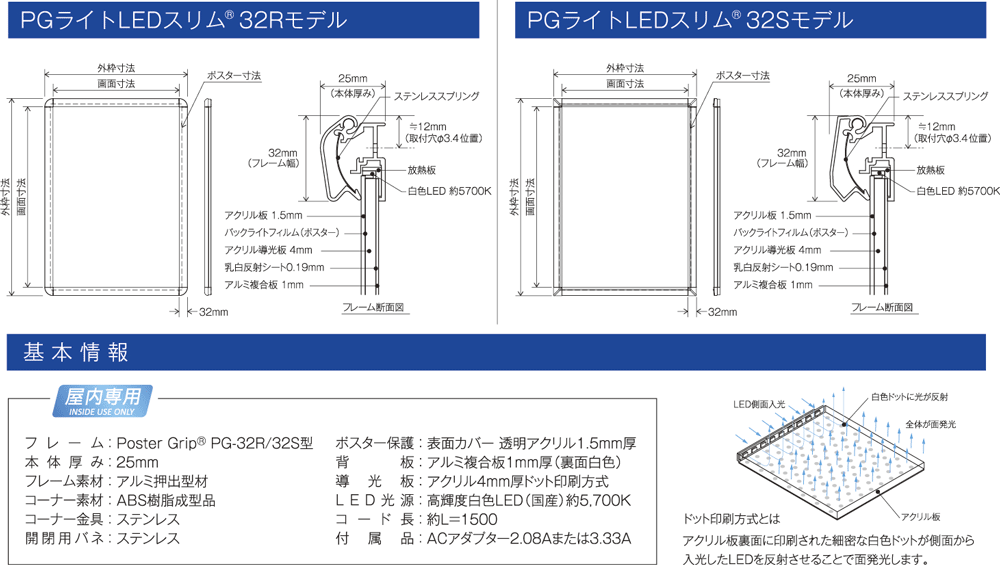 直営ストア PGライトLEDスリム44Rモデル A0 PG-44R 屋内 個人宅配送不可 選べるフレームカラー 仕様